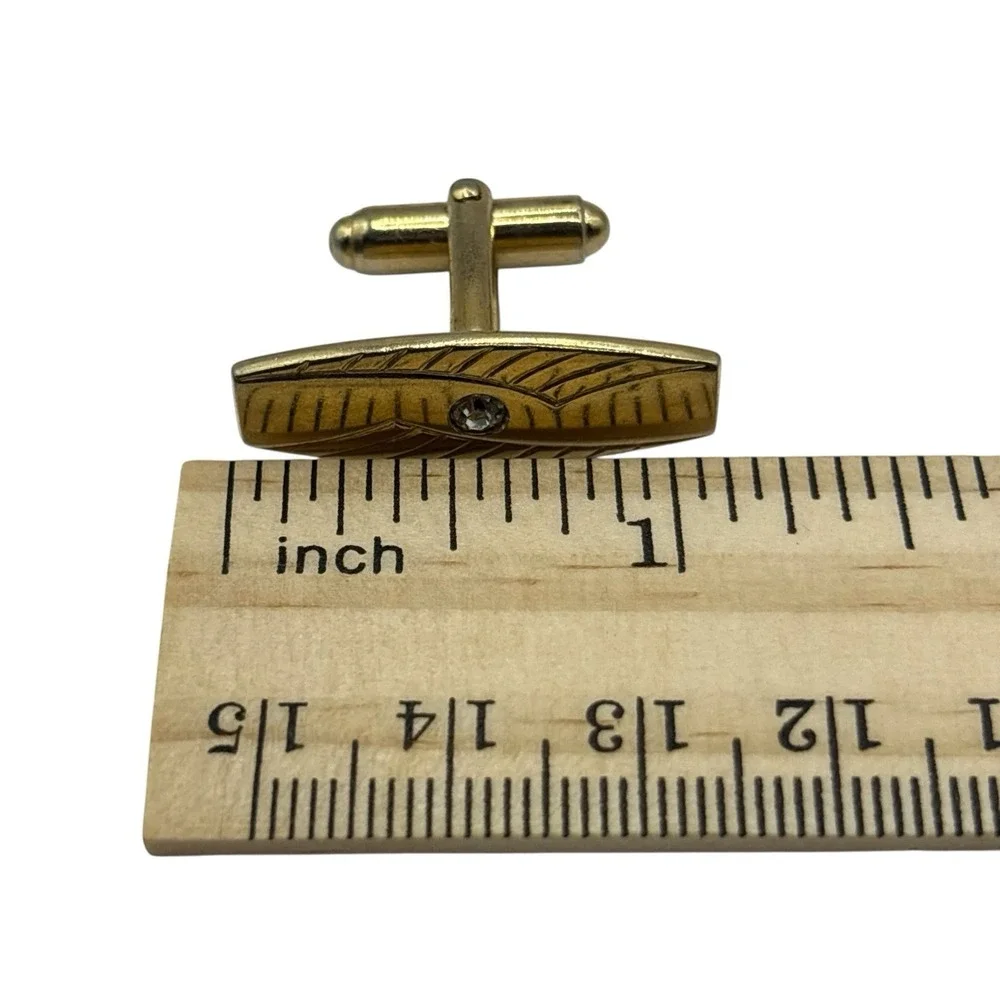 Vintage Gold Tone Cufflinks MCM‎ Clear Rhinestone Geometric Long Bar Design